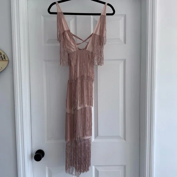 ASOS Fringe Midi Dress Blush Pink Gatsby Flapper 20s Inspired Party Cocktail 6 - Picture 3 of 7